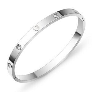Silver Stainless Steel Bangle with Zircon Stones, Screw Motif, Stainless Steel